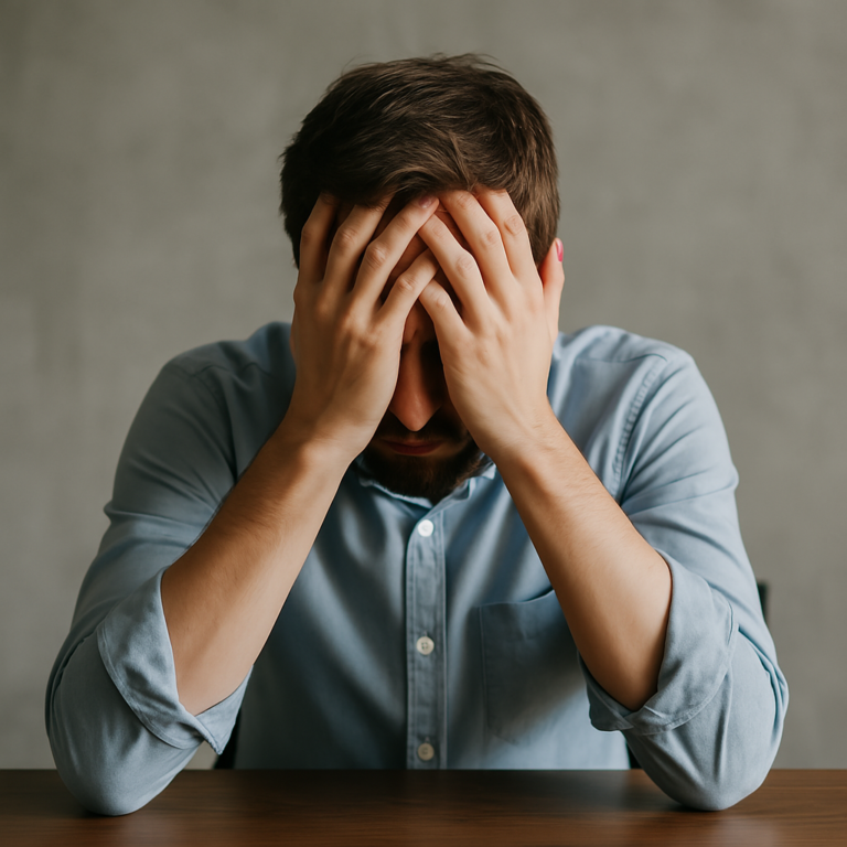 a man who is stressed holding his head in his hands